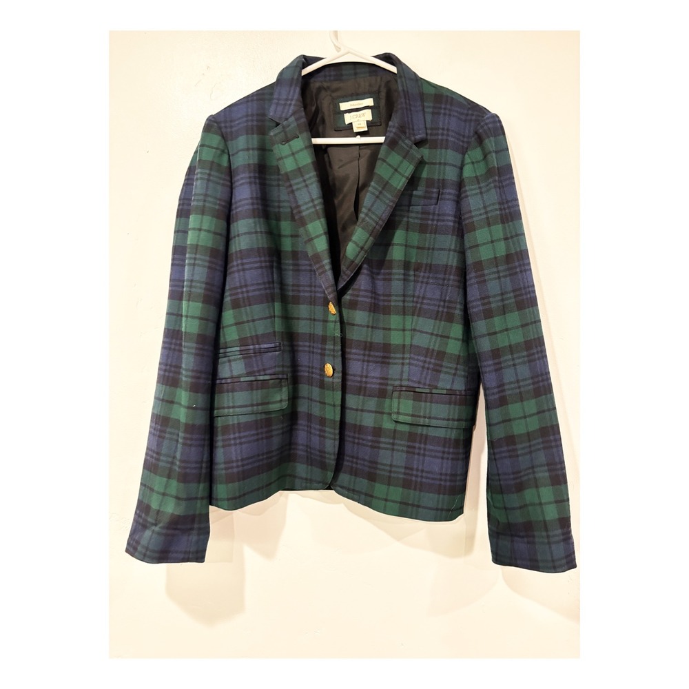 J.Crew Schoolboy Blazer Black Watch Tartan Plaid Green Navy Gold Button Jacket